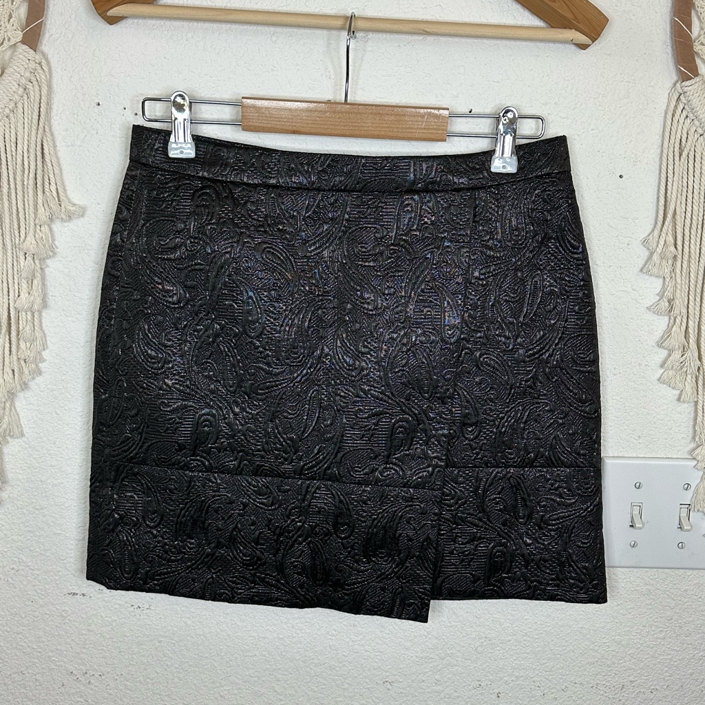 J. Crew Jacquard Print Black Faux Wrap Mini Skirt Size 2